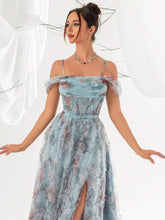 Hollow Out Shoulder Floral Print Blue Evening Gown With Sheer Mesh Fabric